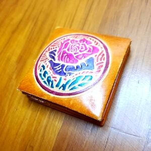 Vintage Embossed Compact Red Rose Floral Leather Change Purse Weed Pouch Tobacco